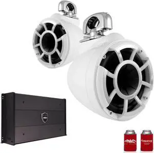 Wet Sounds REV8W-SMINI 8" White Tower Speakers with Stainless Steel Swivel Mini Clamps & SYN-DX2.3 1200 Watt Amplifier