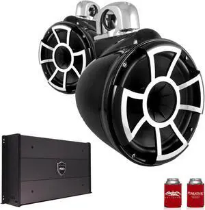 Wet Sounds REV10B-FMINI 10" Black Tower Speakers with Stainless Steel Fixed Mini Clamps & SYN-DX2.3 1200 Watt Amplifier