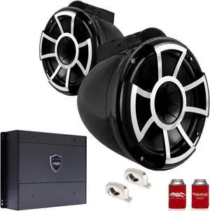 Wet Sounds REV10B-FMINI 10" Black Tower Speakers with Stainless Steel Fixed MINI Clamps & SYN-DX4 800 Watt Amplifier