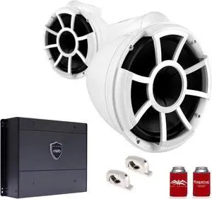 Wet Sounds REV10W-FMINI 10" White Tower Speakers with Stainless Steel Fixed MINI Clamps & SYN-DX4 800 Watt Amplifier