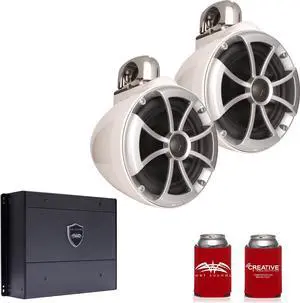 Wet Sounds ICON8W-FC 8" White Tower Speakers with Stainless Steel Fixed Clamps & SYN-DX2 750 Watt Amplifier