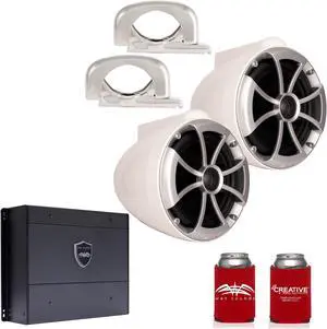 Wet Sounds ICON8W-FMINI 8" White Tower Speakers with Stainless Steel MINI Fixed Clamps & SYN-DX2 750 Watt Amplifier