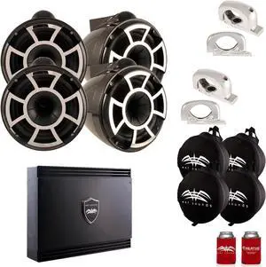 Wet Sounds Two Pairs of Black REV 10 Fixed Clamp Tower Speakers with Wet Sounds Suitz speaker Covers & SDX2 Amplifier