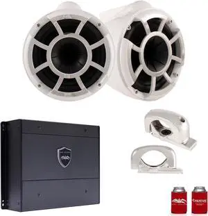 Wet Sounds REV8W-FC 8" White Tower Speakers with Stainless Steel Fixed Clamps & SYN-DX2 750 Watt Amplifier