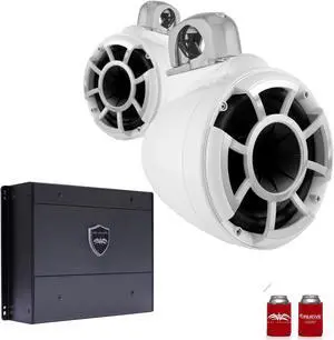 Wet Sounds REV8W-FC-SA 8" White Tower Speakers with Silver Aluminum Fixed Clamps & SYN-DX2 750 Watt Amplifier