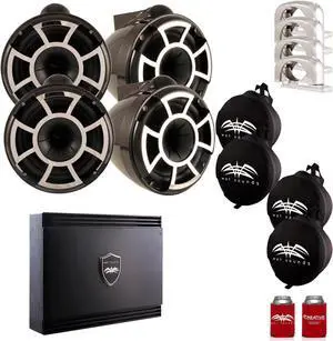 Wet Sounds Two Pairs of Black REV 10 Swivel Clamp Tower Speakers with Wet Sounds Suitz speaker Covers & SXD2 Amplifier