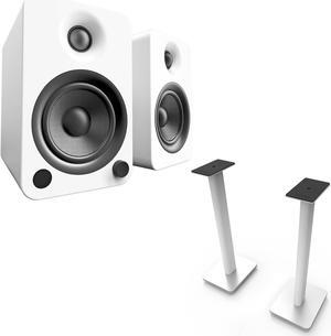 Kanto YU4MW YU4 Matte White Powered Speakers, Pair, with pair of SP26PLW Pair of 26" Floor Speaker Stands, White