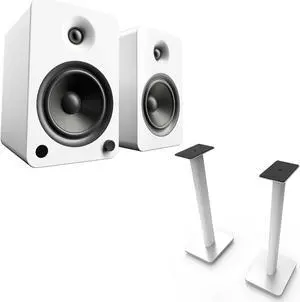 Kanto YU6MW YU6 Matte White 200W Powered Speakers, Pair, with pair of SP26PLW Pair of 26" Floor Speaker Stands, White
