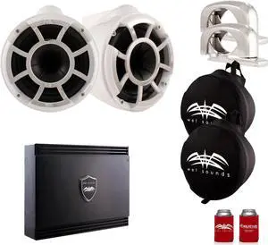 Wet Sounds REV10W-SC White REV 10 Swivel Clamp Tower Speakers with Wet Sounds SDX2 1250 Watt 2-channel Amplifier + Suitz