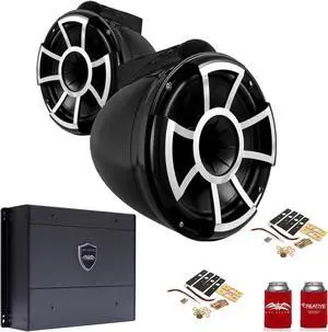 Wet Sounds REV10B-X 10" Black Tower Speakers with X-Mounts & SYN-DX4 800 Watt Amplifier