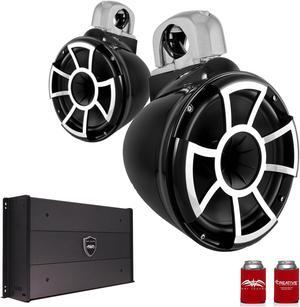 Wet Sounds REV10B-FC-SA 10" Black Tower Speakers with Silver Aluminum Fixed Clamps & SYN-DX2.3 1200 Watt Amplifier