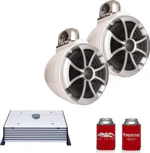 Wet Sounds ICON8W-FC 8" White Tower Speakers with Stainless Steel Fixed Clamps & HTX2 600 Watt Amplifier