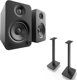Kanto YU4MB YU4 Matte Black Powered Speakers with Bluetooth, Pair, and SP26PL Pair of 26" Floor Speaker Stands, Black
