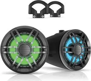 Fusion XS-FLT652SPB 6.5" Black Sport Grill Wake Tower Speakers, RGB LED with Fusion XS-MNTSP 1.31"-2" Tower Clamps