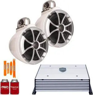 Wet Sounds ICON8W-FC White 8" Tower Speakers with Stainless Fixed Clamps and Wet Sounds HTX2 Amplifier