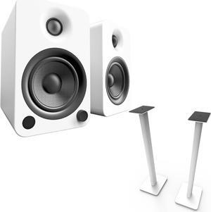 Kanto YU4MW YU4 Powered Speakers with Bluetooth, Pair, with SP32PLW Pair of 32" Floor Speaker Stands, Pair, White
