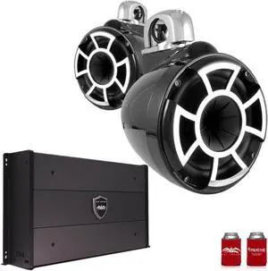 Wet Sounds REV8W-FC 8" White Tower Speakers with Stainless Steel Fixed Clamps & SYN-DX2.3 1200 Watt Amplifier
