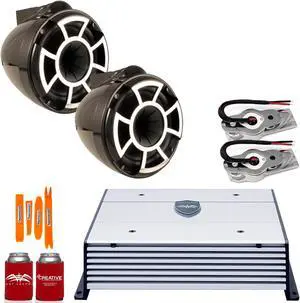 Wet Sounds REV8B-SXM Black 8" Tower speakers with Stainless Swivel Base Mount (NO PIPE CLAMP) and Wet Sounds HTX4 Amplifier