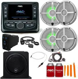 Wet Sounds Ultimate Golf Cart Audio Bundle, Radio, 4-RGB White Grill 6.5" Speakers, 10" powered sub, Wiring Kit