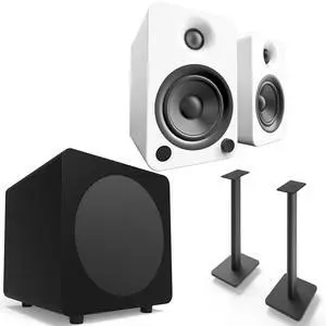 Kanto YU4MW YU4 White Speakers, Pair, SUB8MB 8" 250W Subwoofer, Black, and SP26PL Pair of 26" Speaker Stands, Black