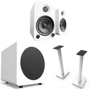 Kanto YU4MW YU4 White Powered Speakers (Pair), SUB8 8" 250W White Powered Sub, and SP26PLW 26" Speaker Stand Pair, White