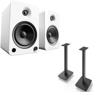 Kanto YU6MW YU6 Matte White 200 Watt Peak Powered Speakers, Pair, and SP26PL Pair of 26" Floor Speaker Stands, Black