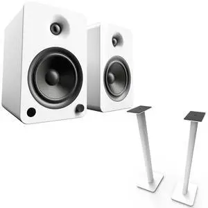 Kanto YU6MW YU6 White 200 Watt Peak Powered Speakers, Pair, with SP32PLW Pair of 32" Floor Speaker Stands, Pair, White