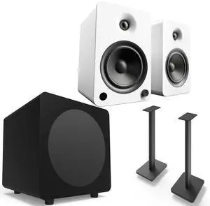 Kanto YU6MW YU6 White Speakers, Pair, SUB8MB 8" 250W Subwoofer, Black, and SP26PL Pair of 26" Speaker Stands, Black