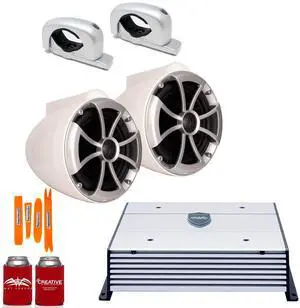 Wet Sounds ICON8W-FC-SA White 8" Tower speakers with Silver Aluminum Fixed Clamps and Wet Sounds HTX2 Amplifier