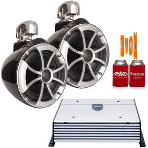 Wet Sounds ICON8B-SC Black 8" Tower Speakers with Stainless Swivel Clamps and Wet Sounds HTX2 Amplifier