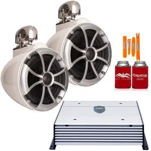 Wet Sounds ICON8W-SC WHITE 8" Tower Speakers with Stainless Swivel Clamps and Wet Sounds HTX2 Amplifier
