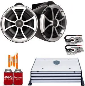 Wet Sounds ICON8B-SXM Black 8" Tower Speakers with Stainless Swivel Base Mount (NO PIPE CLAMP) and Wet Sounds HTX2 Amplifier