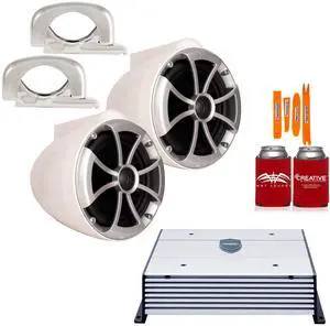 Wet Sounds ICON8W-FMINI White 8" Tower Speakers with MINI Stainless Fixed Clamps and Wet Sounds HTX2 Amplifier