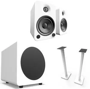 Kanto YU4MW YU4 White Powered Speakers (Pair), SUB8 8" 250W White Powered Sub, and SP32PLW 32" Speaker Stand Pair, White