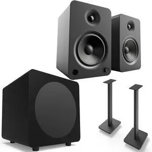 Kanto YU6MB YU6 Black Speakers, Pair, SUB8MB 8" 250W Subwoofer, Black, and SP26PL Pair of 26" Speaker Stands, Black