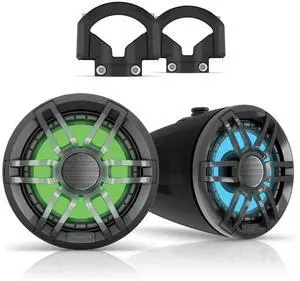 Fusion XS-FLT652SPB 6.5" Black Sport Grill Wake Tower Speakers, RGB LED with Fusion XS-MNTBP 2"-2.5" Tower Clamps