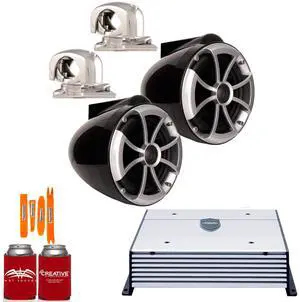 Wet Sounds ICON8B-SMINI Black 8" Tower Speakers with MINI Stainless Swivel Clamps and Wet Sounds HTX2 Amplifier