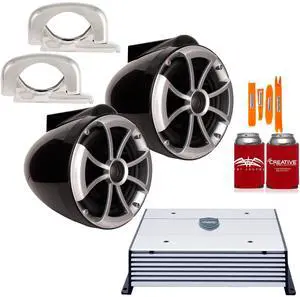 Wet Sounds ICON8B-FMINI Black 8" Tower Speakers with MINI Stainless Fixed Clamps and Wet Sounds HTX2 Amplifier