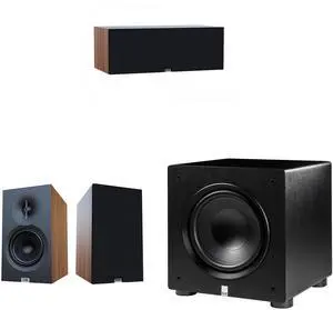 Elac Debut 3.0 Walnut 5.25 Inch Book Shelves With 5.25In Center Channel And Elac Varro 10In Subwoofer