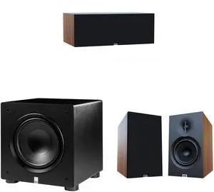 Elac Debut 3.0 Walnut 6.5 Inch Book Shelves With 6.5In Center Channel And Elac Varro 10In Subwoofer