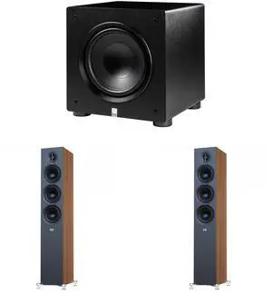 Elac Debut 3.0 Walnut 5.25 Inch Towers With  Elac Varro 10 Inch Subwoofer