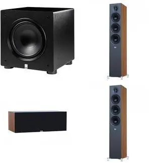 Elac Debut 3.0 Walnut 5.25 Inch Towers With 5.25 Inch Center And Elac Varro 10 Inch Subwoofer