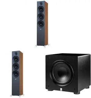 Elac Debut 3.0 Walnut 6.5 Inch Towers With  Elac Varro 10 Inch Subwoofer