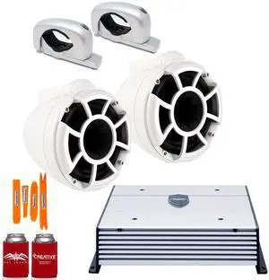 Wet Sounds REV8W-FC-SA White 8" Tower speakers with Silver Aluminum Fixed Clamps and Wet Sounds HTX4 Amplifier