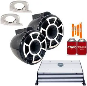 Wet Sounds REV8B-FMINI Black 8" Tower Speakers with MINI Stainless Fixed Clamps and Wet Sounds HTX4 Amplifier