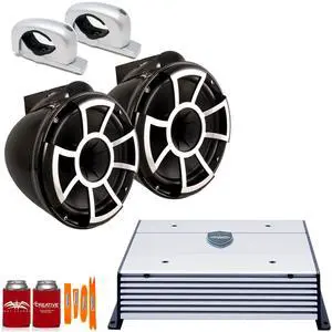 Wet Sounds REV10B-FC-SA Black 10" Tower speakers with Fixed Aluminum Clamps with Wet Sounds HTX4 Amplifier