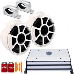 Wet Sounds REV10W-FC-SA White 10" Tower speakers with Sliver Aluminum Fixed Clamps and Wet Sounds HTX4 Amplifier