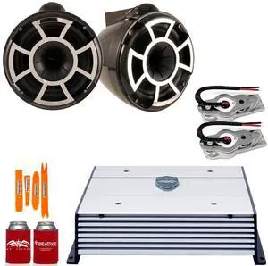 Wet Sounds REV10B-SXM Black 10" Tower speakers with Stainless Swivel Base Mount (NO PIPE CLAMP) and Wet Sounds HTX4 Amplifier