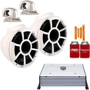 Wet Sounds REV10W-SMINI White 10" Tower Speakers with MINI Stainless Swivel Clamps and Wet Sounds HTX4 Amplifier