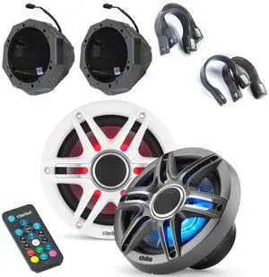 Clarion Premium RGB LED UTV 6.5" Marine Speaker Bundle including White & Gunmetal speaker grills, SSV Works 6.5" speaker pods and 1.75" cage mounts